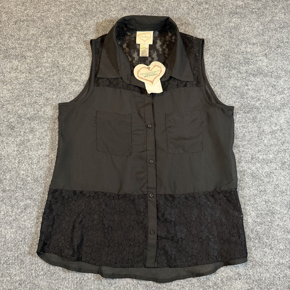 Self Esteem Juniors M Black Sleeveless Button-Up Blouse Lace Panel Tank Top